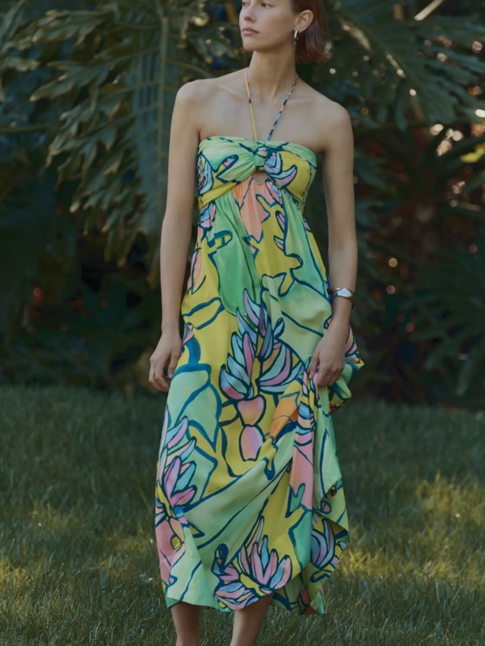 FARM Rio Strapless Floral Maxi Dress in Yellow, Green & Pink
